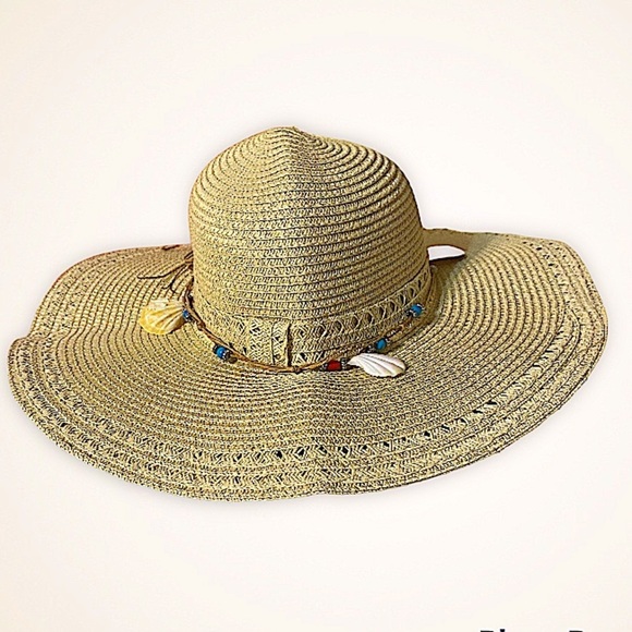 Floppy Wide Brim Straw Seashell Accent Straw Hat - Picture 2 of 3